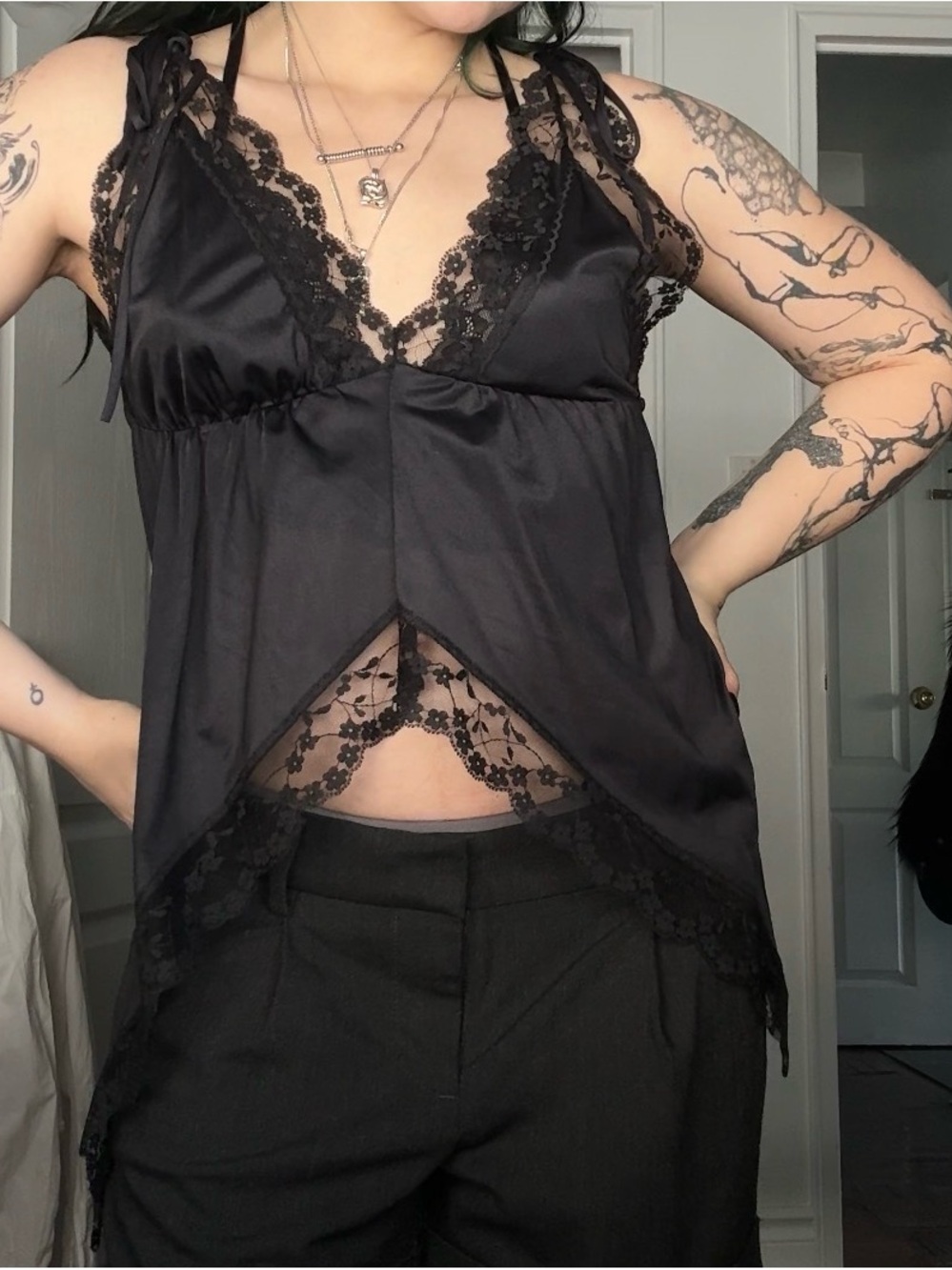 Black Lace-Trim Satin Camisole Top